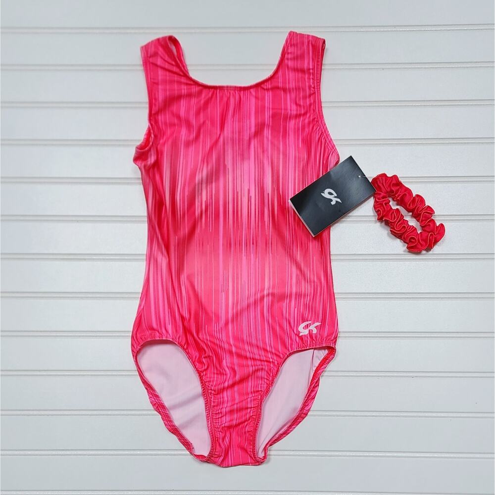 GK Elite Pink Girls Gymnastics Leotard with Vertical Pattern, NWT size AXS